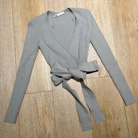 Zara Ribbed Taupe Tan Crop Wrap Tie Knit Sweater Long Sleeve Small - Picture 4 of 6